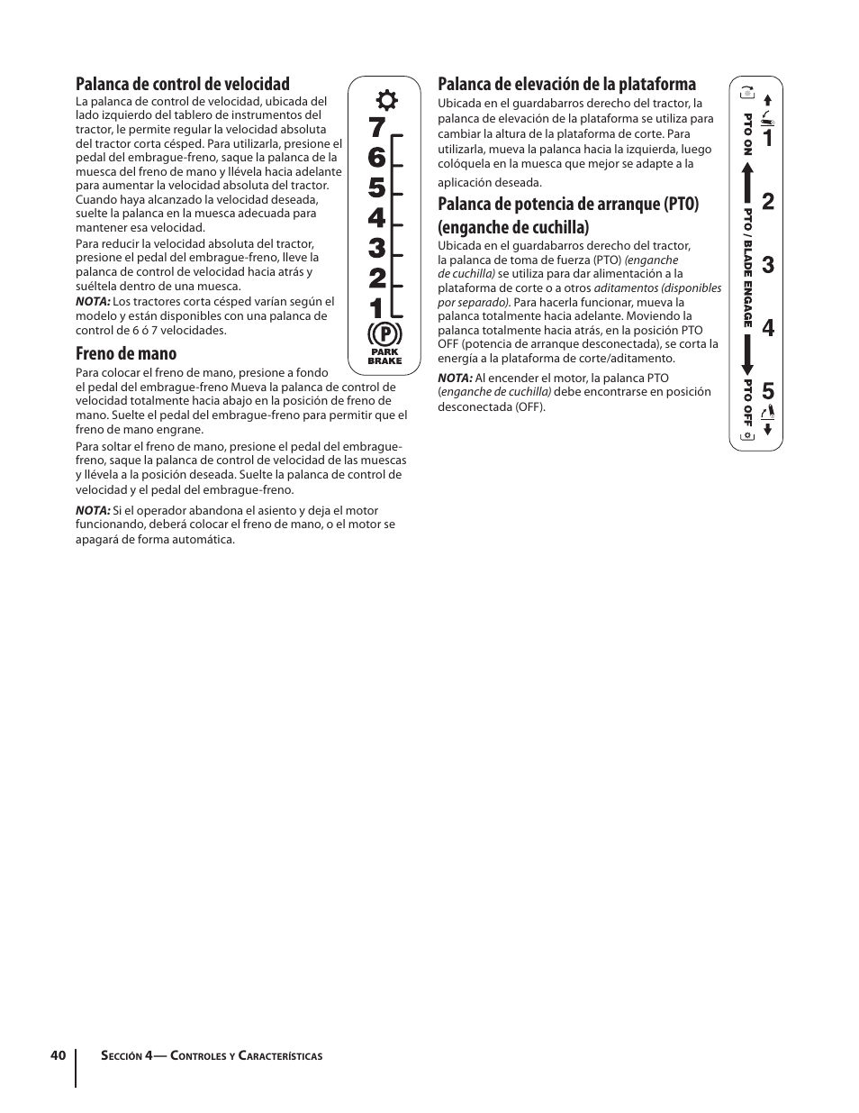 Palanca de elevación de la plataforma, Palanca de control de velocidad, Freno de mano | Troy-Bilt Pony User Manual | Page 40 / 56