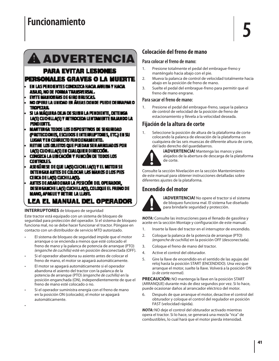 Funcionamiento, Colocación del freno de mano, Fijación de la altura de corte | Encendido del motor | Troy-Bilt Pony User Manual | Page 41 / 56