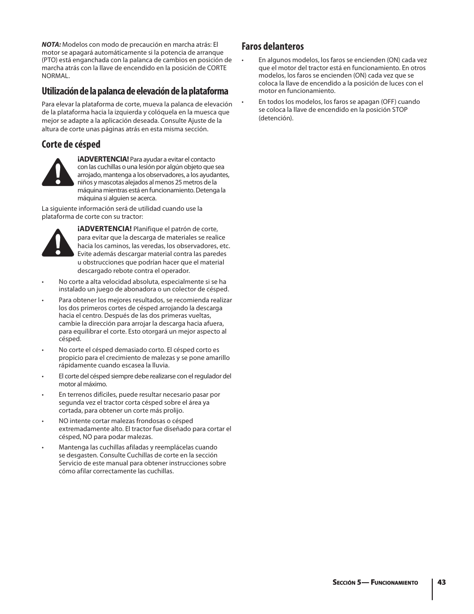 Corte de césped, Faros delanteros | Troy-Bilt Pony User Manual | Page 43 / 56