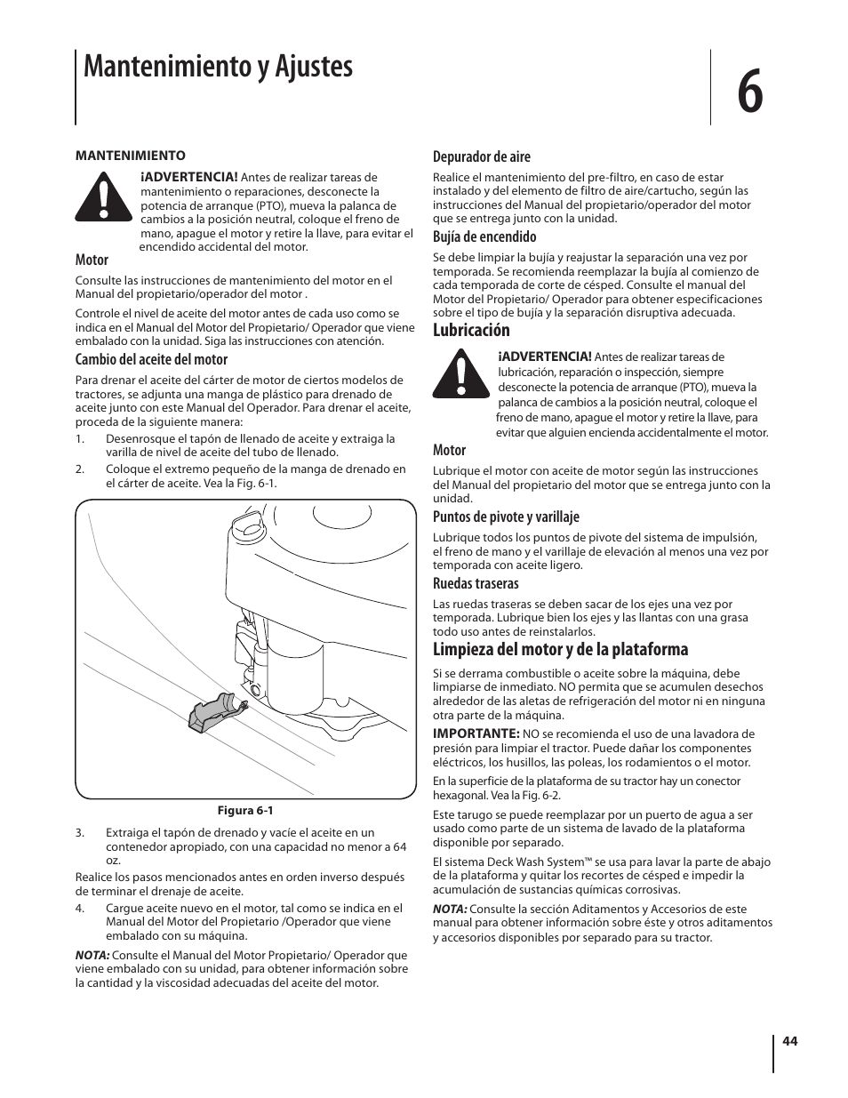 Mantenimiento y ajustes, Lubricación, Limpieza del motor y de la plataforma | Troy-Bilt Pony User Manual | Page 44 / 56