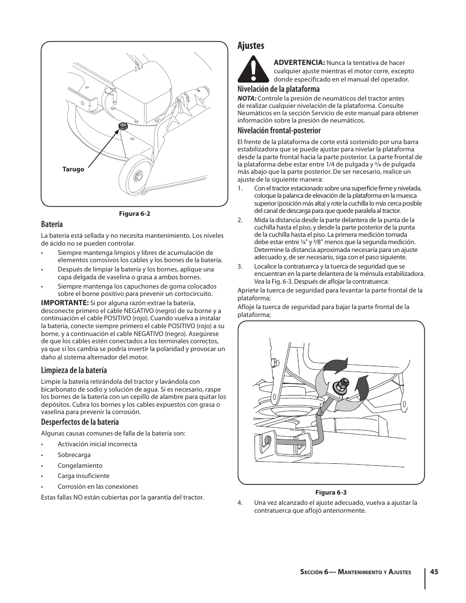 Ajustes, Batería, Limpieza de la batería | Desperfectos de la batería, Nivelación de la plataforma, Nivelación frontal-posterior | Troy-Bilt Pony User Manual | Page 45 / 56