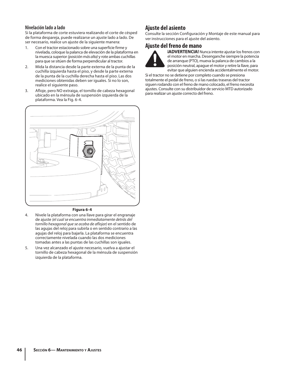 Ajuste del asiento, Ajuste del freno de mano, Nivelación lado a lado | Troy-Bilt Pony User Manual | Page 46 / 56