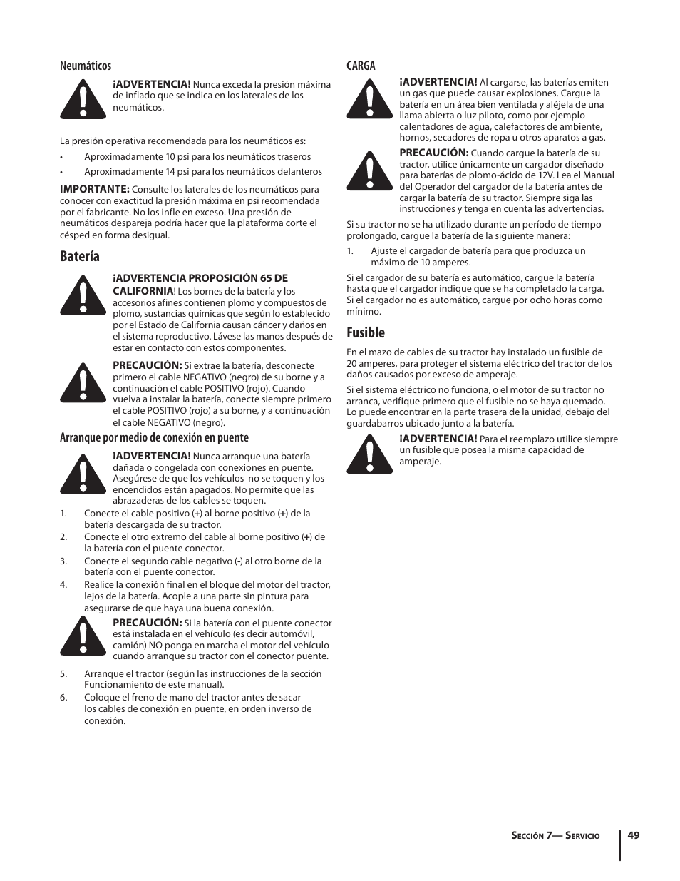 Batería, Fusible, Neumáticos | Arranque por medio de conexión en puente, Carga | Troy-Bilt Pony User Manual | Page 49 / 56