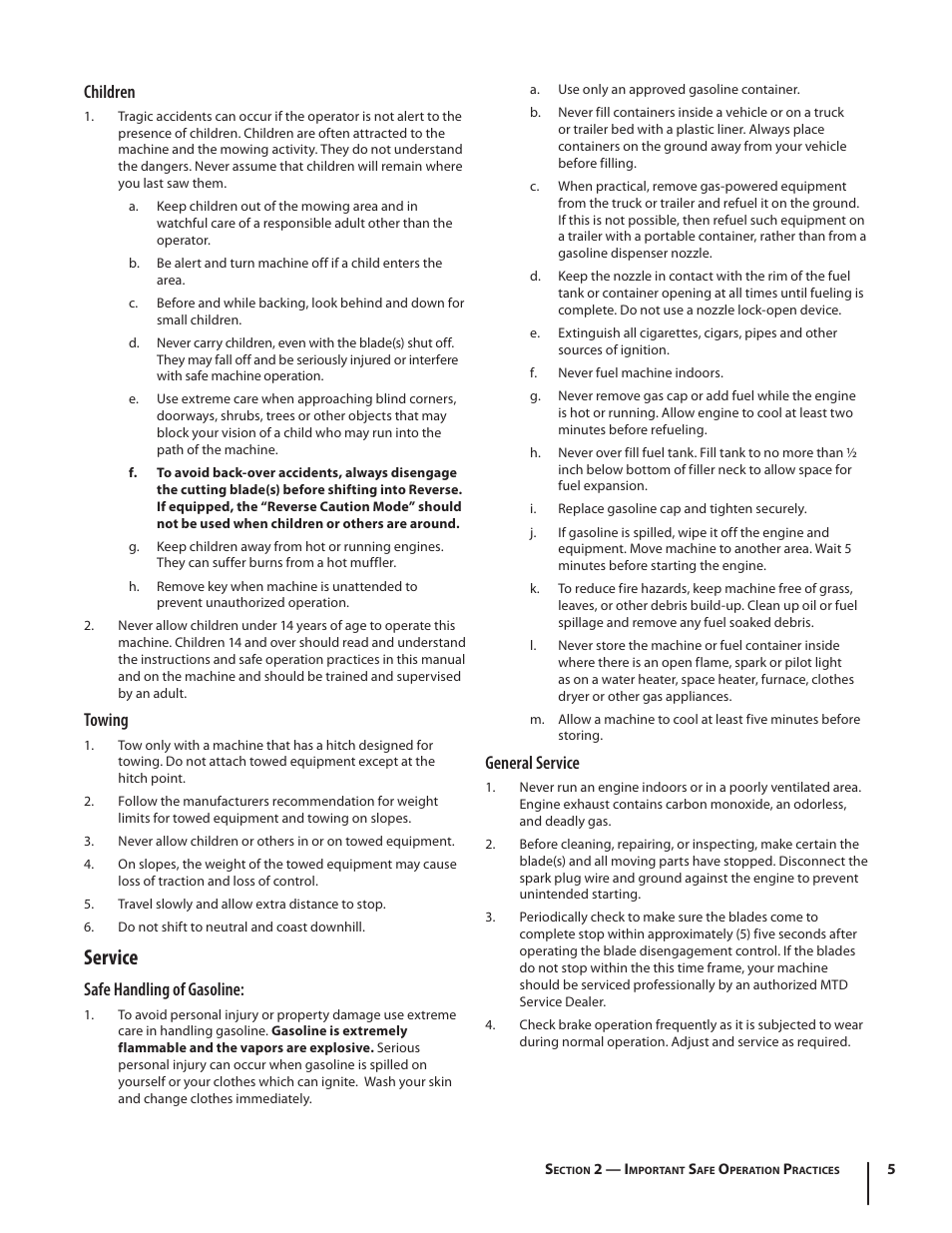 Service, Children, Towing | Safe handling of gasoline, General service | Troy-Bilt Pony User Manual | Page 5 / 56