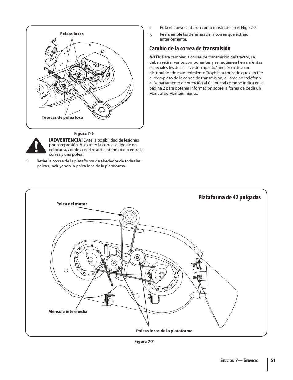 Cambio de la correa de transmisión, Plataforma de 42 pulgadas | Troy-Bilt Pony User Manual | Page 51 / 56