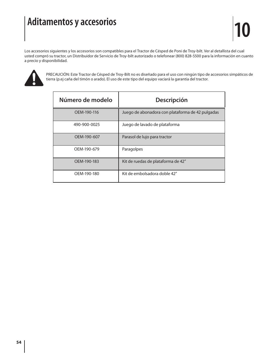 Aditamentos y accesorios | Troy-Bilt Pony User Manual | Page 54 / 56