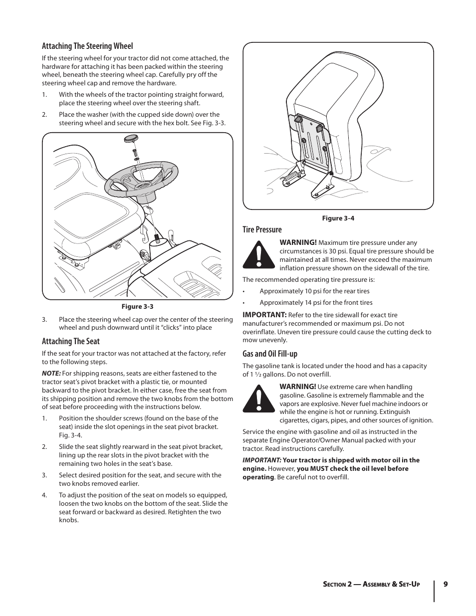 Attaching the steering wheel, Attaching the seat, Tire pressure | Gas and oil fill-up | Troy-Bilt Pony User Manual | Page 9 / 56