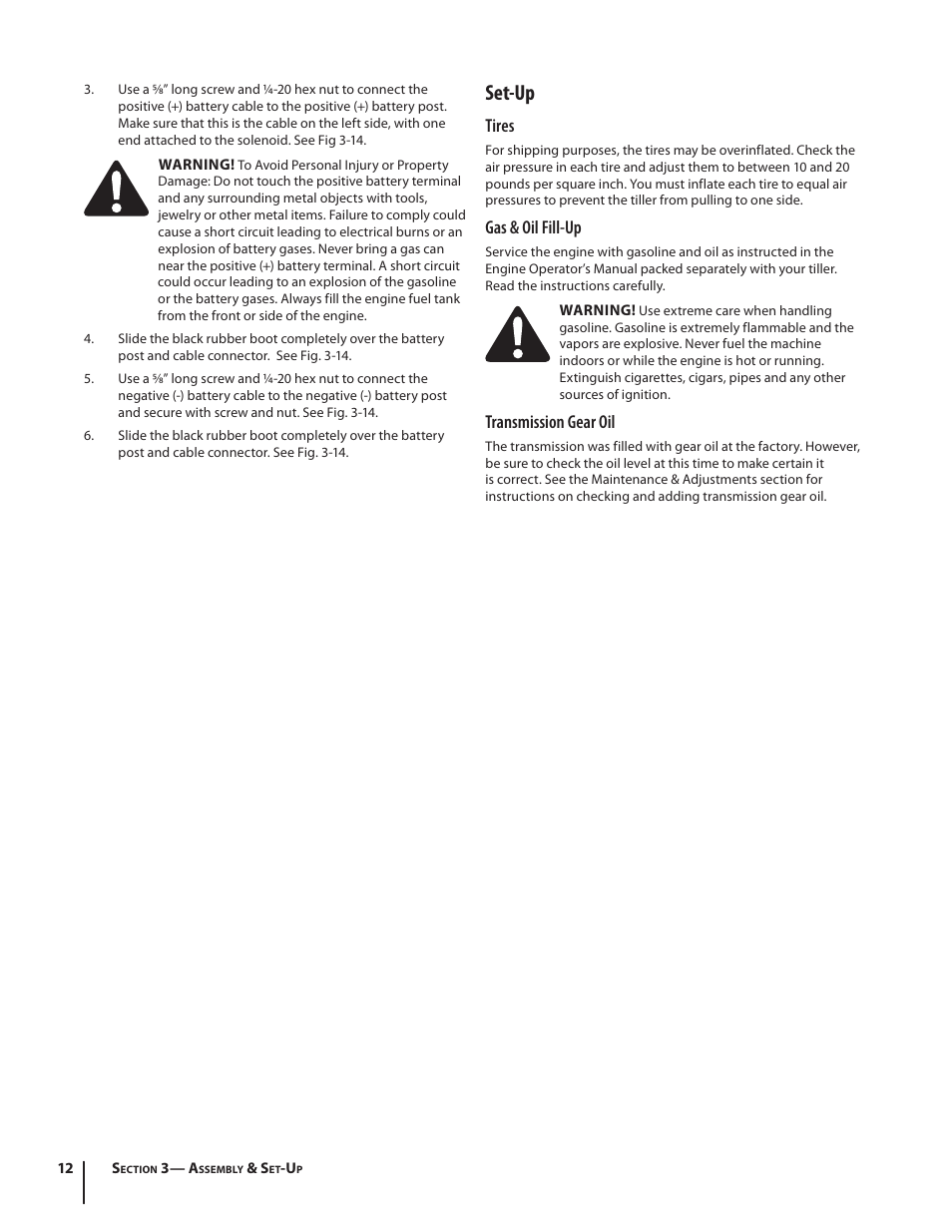 Set-up, Tires, Gas & oil fill-up | Transmission gear oil | Troy-Bilt Horse User Manual | Page 12 / 44