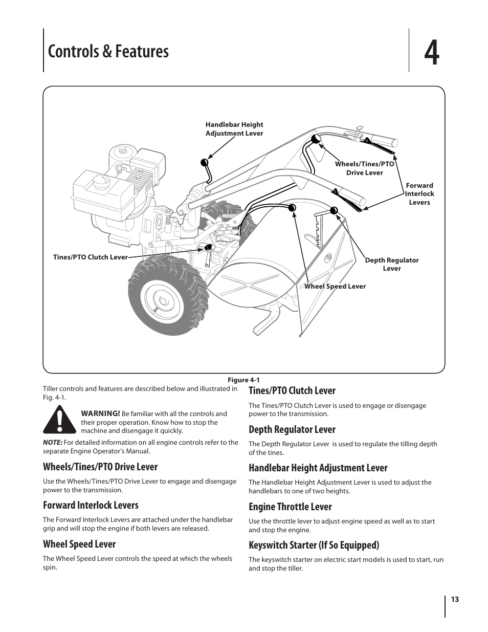 Controls & features, Wheels/tines/pto drive lever, Forward interlock levers | Wheel speed lever, Tines/pto clutch lever, Depth regulator lever, Handlebar height adjustment lever, Engine throttle lever, Keyswitch starter (if so equipped) | Troy-Bilt Horse User Manual | Page 13 / 44