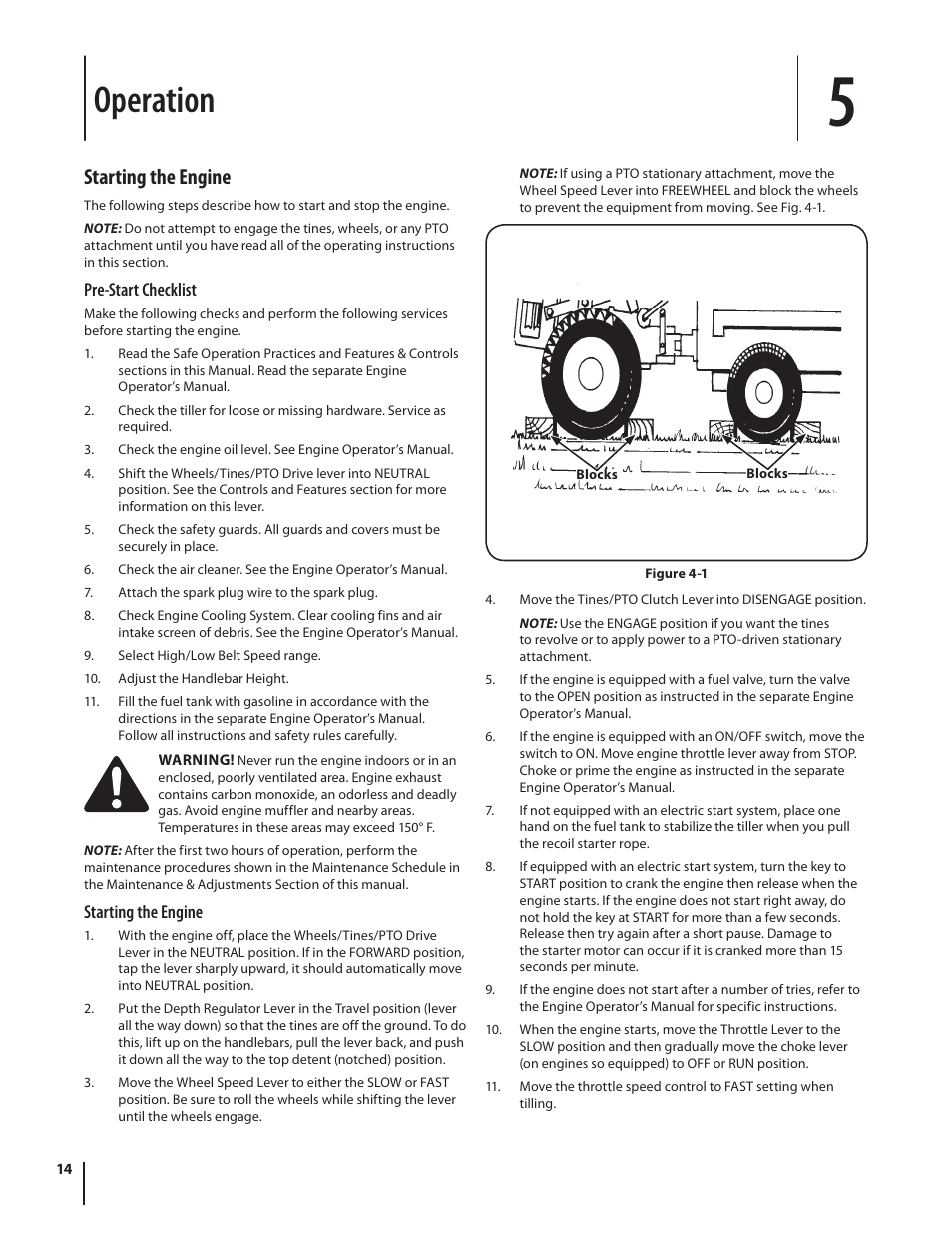 Operation, Starting the engine | Troy-Bilt Horse User Manual | Page 14 / 44