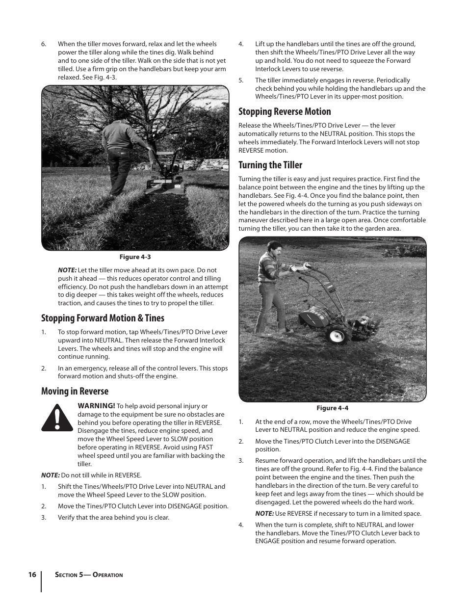 Stopping forward motion & tines, Moving in reverse, Stopping reverse motion | Turning the tiller | Troy-Bilt Horse User Manual | Page 16 / 44