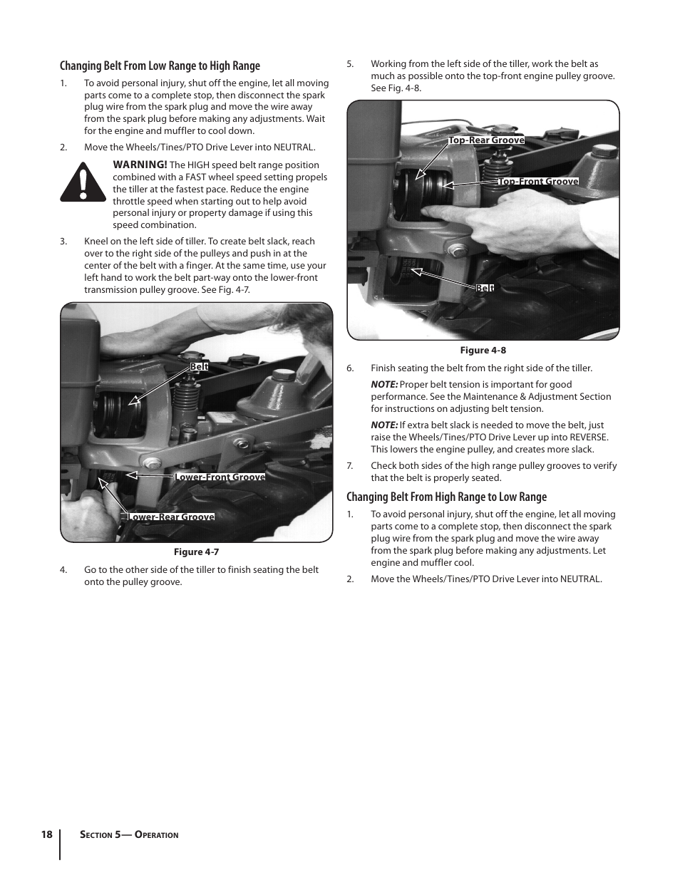 Changing belt from low range to high range, Changing belt from high range to low range | Troy-Bilt Horse User Manual | Page 18 / 44