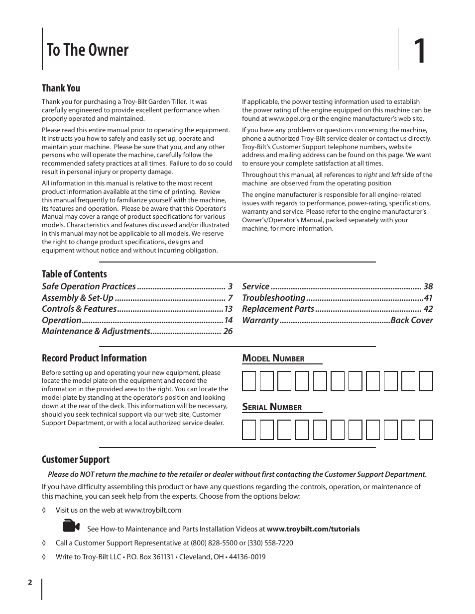 Table of contents customer support | Troy-Bilt Horse User Manual | Page 2 / 44