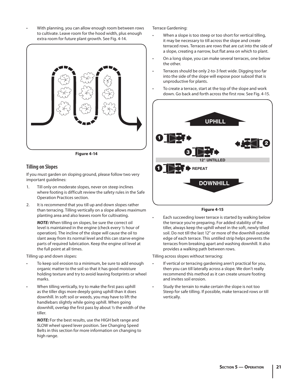 Tilling on slopes, Downhill uphill | Troy-Bilt Horse User Manual | Page 21 / 44