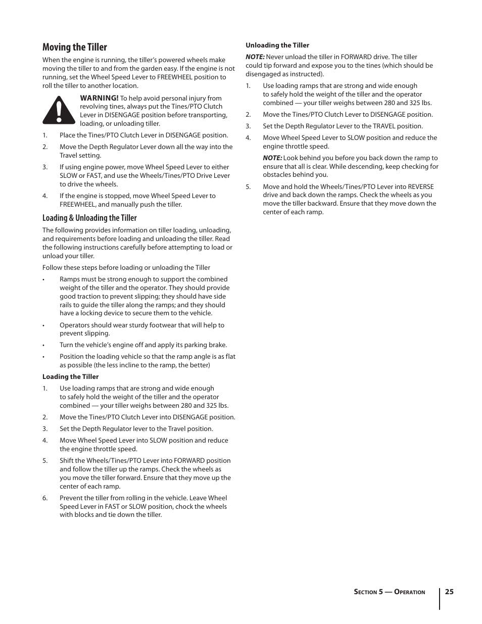 Moving the tiller, Loading & unloading the tiller | Troy-Bilt Horse User Manual | Page 25 / 44