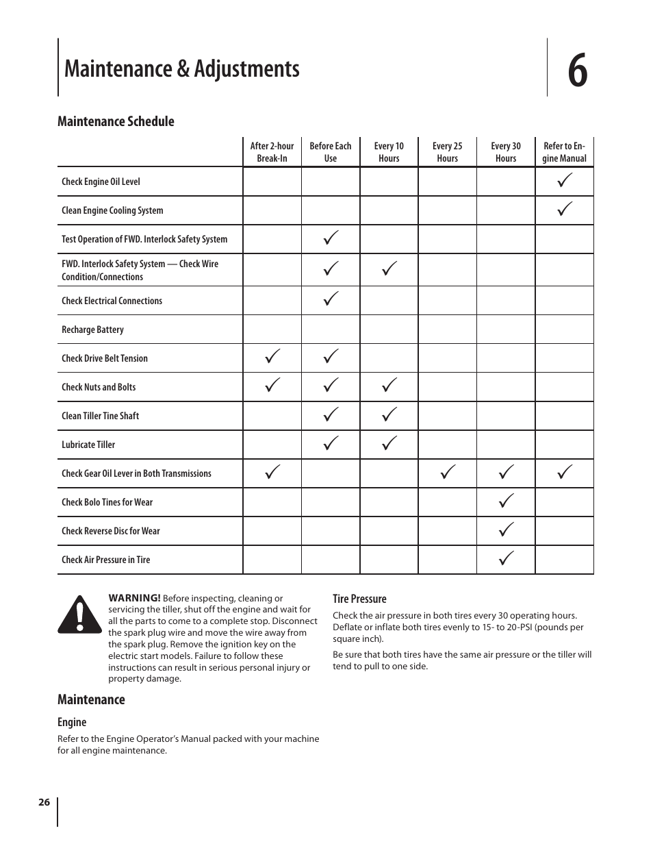 Maintenance & adjustments | Troy-Bilt Horse User Manual | Page 26 / 44