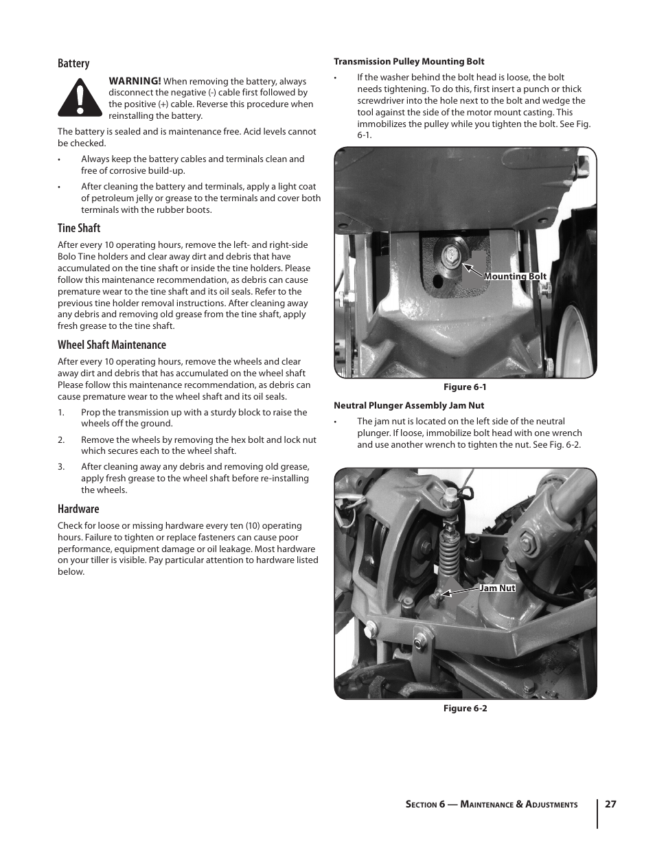 Battery, Tine shaft, Wheel shaft maintenance | Hardware | Troy-Bilt Horse User Manual | Page 27 / 44