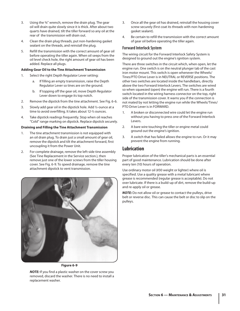 Lubrication, Forward interlock system | Troy-Bilt Horse User Manual | Page 31 / 44