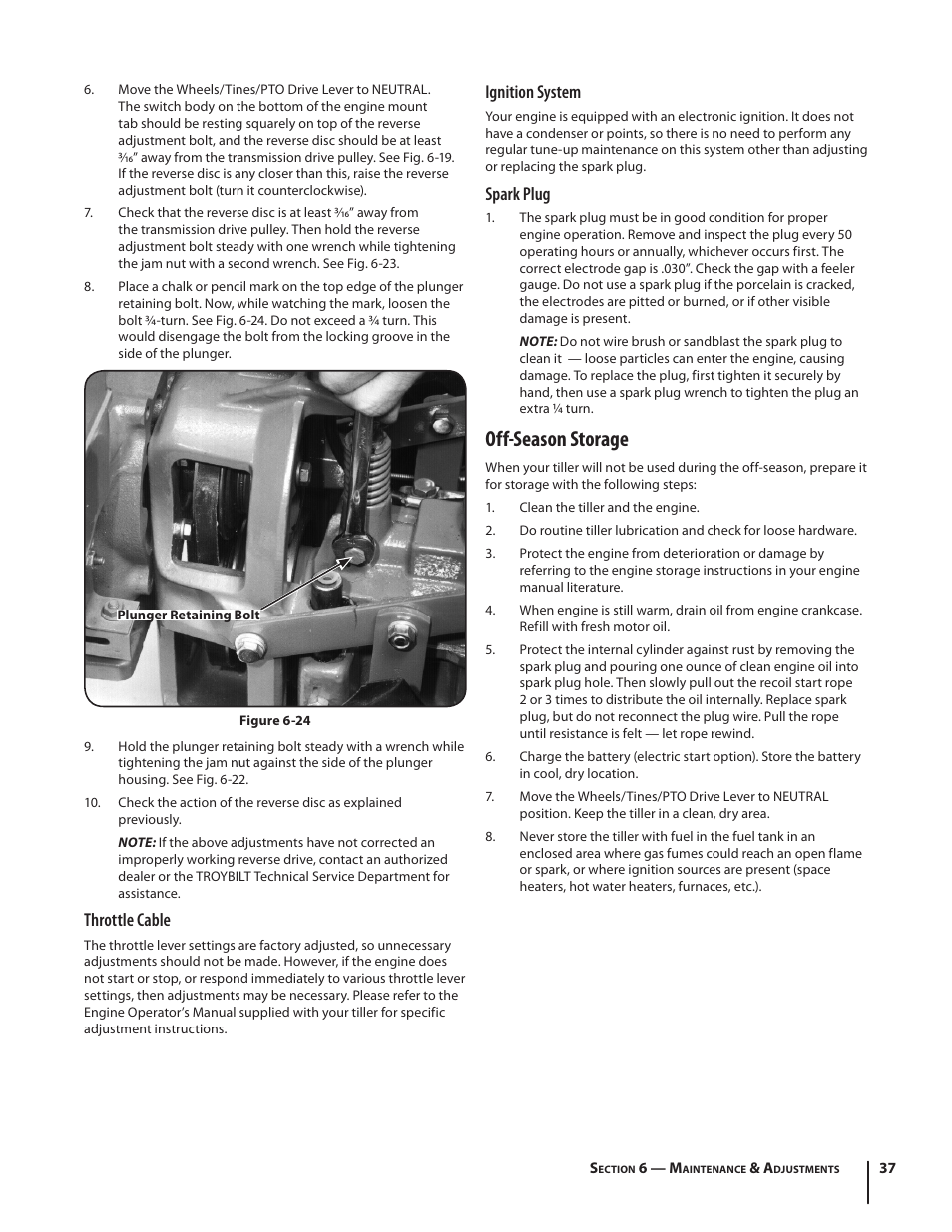 Off-season storage, Throttle cable, Ignition system | Spark plug | Troy-Bilt Horse User Manual | Page 37 / 44