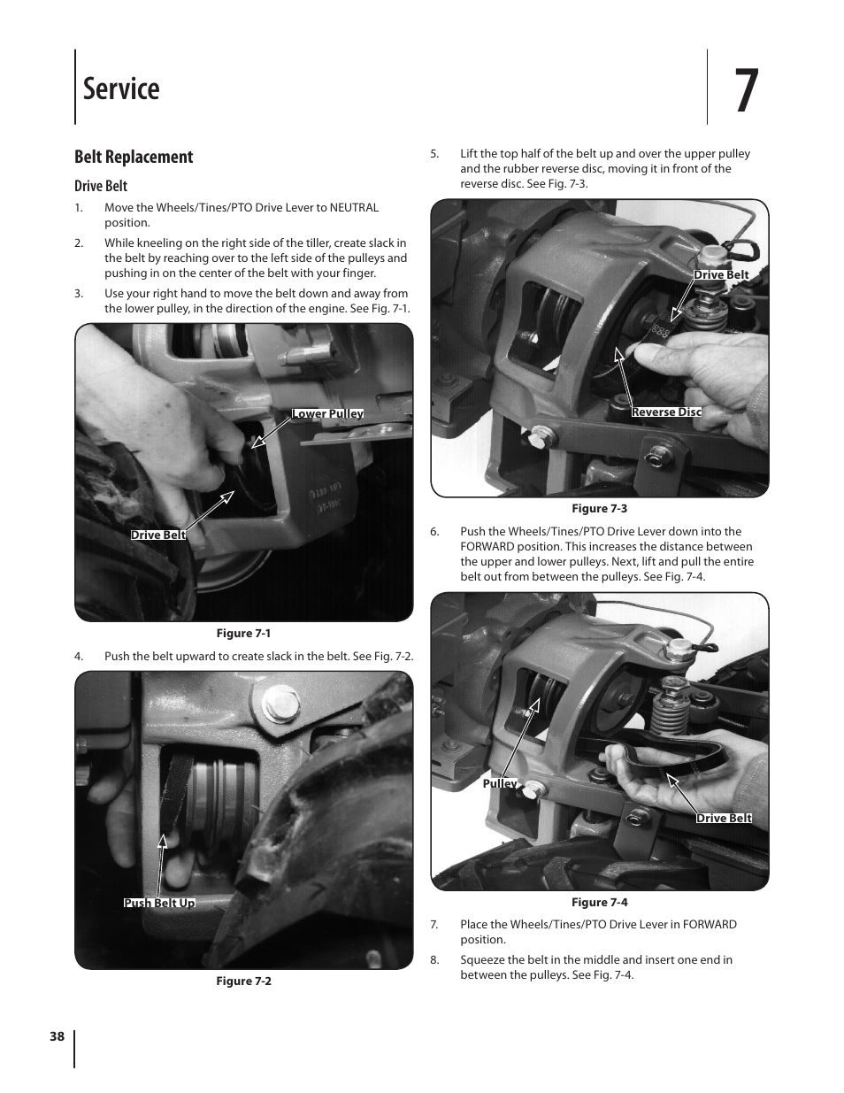 Service, Belt replacement | Troy-Bilt Horse User Manual | Page 38 / 44