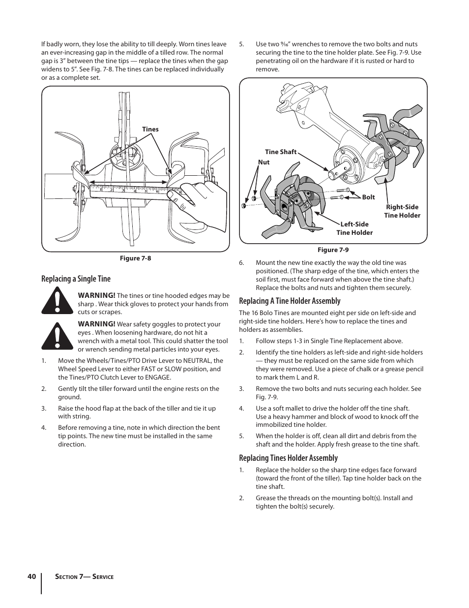 Replacing a single tine, Replacing a tine holder assembly, Replacing tines holder assembly | Troy-Bilt Horse User Manual | Page 40 / 44