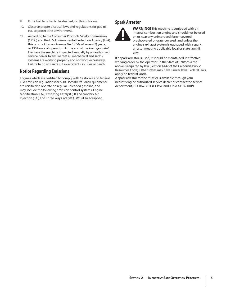 Notice regarding emissions, Spark arrestor | Troy-Bilt Horse User Manual | Page 5 / 44