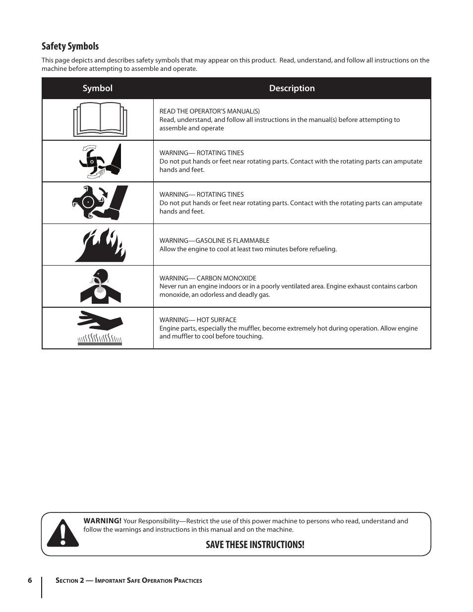 Safety symbols, Save these instructions, Symbol description | Troy-Bilt Horse User Manual | Page 6 / 44