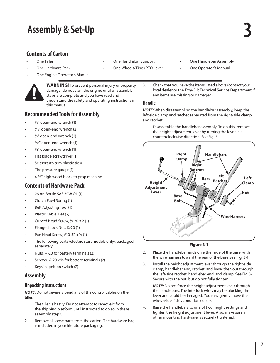 Assembly & set-up, Recommended tools for assembly, Contents of hardware pack | Assembly, Contents of carton | Troy-Bilt Horse User Manual | Page 7 / 44