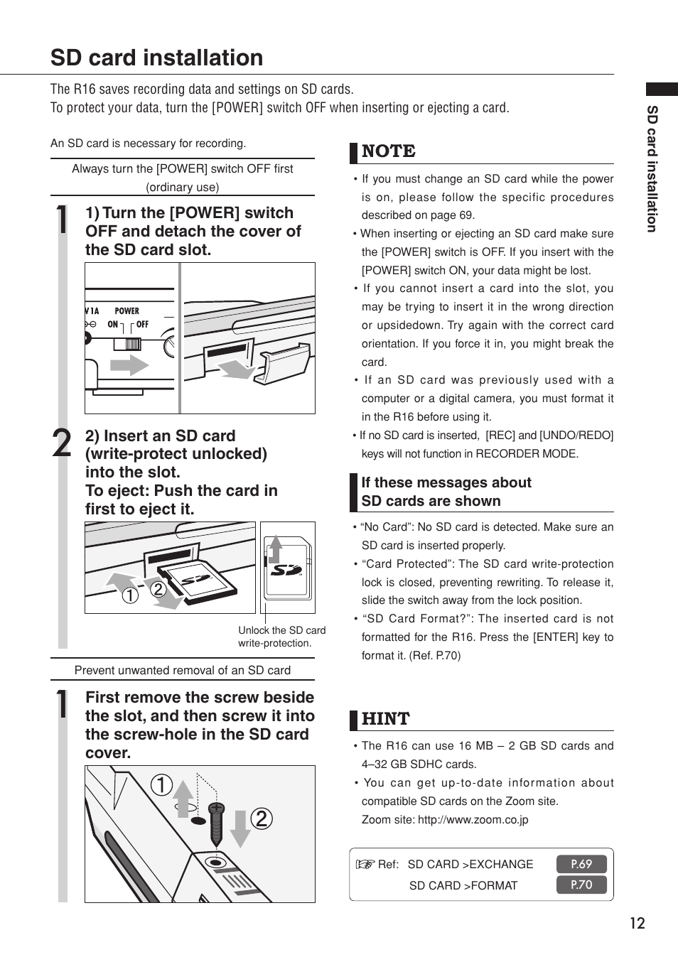 Sd card installation, Hint | Zoom R16 User Manual | Page 13 / 100