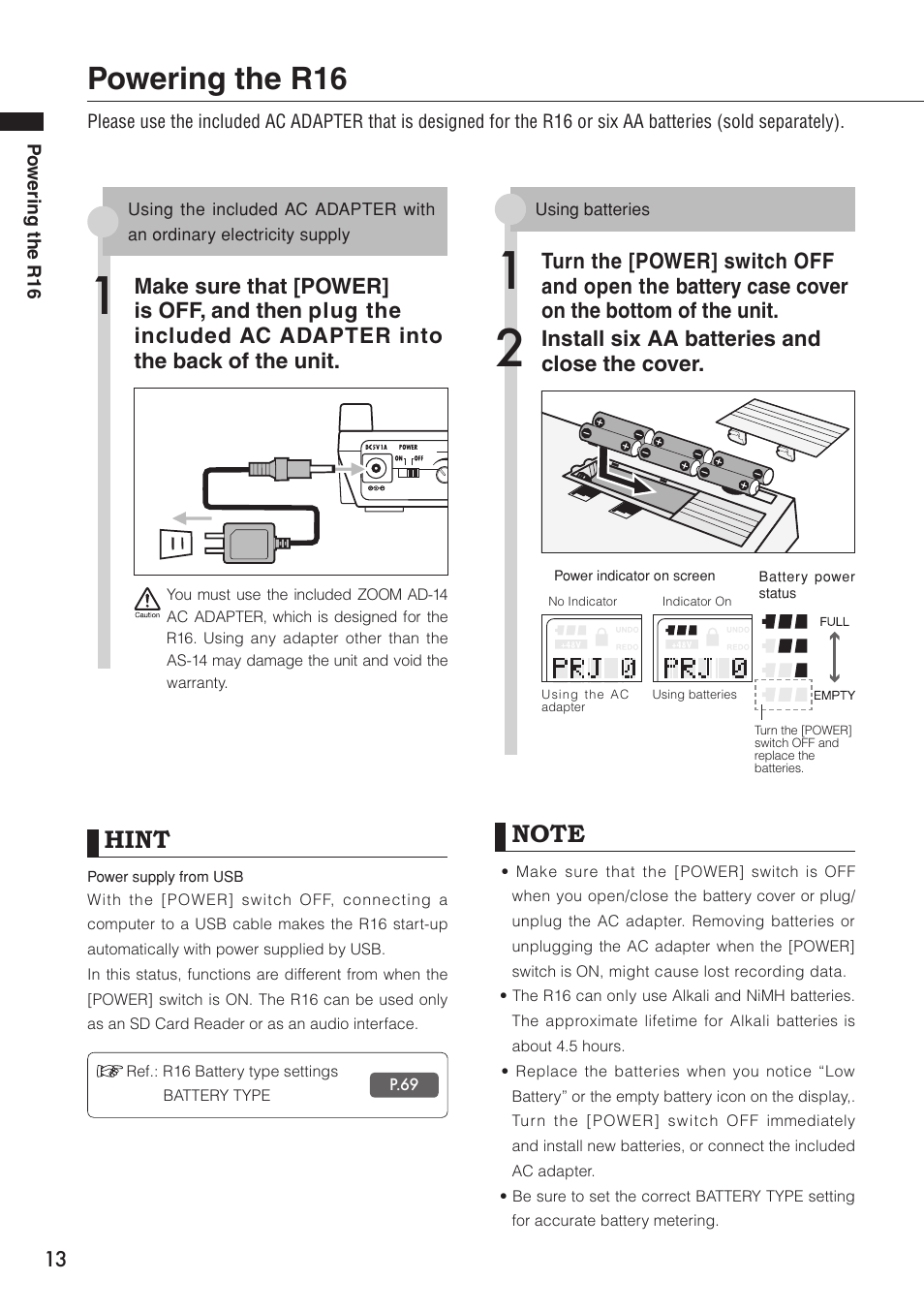 Powering the r16, Hint | Zoom R16 User Manual | Page 14 / 100