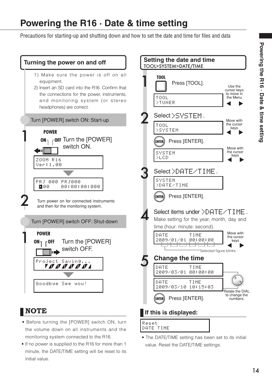 Powering the r16 · date & time setting, Date/time, System | Zoom R16 User Manual | Page 15 / 100