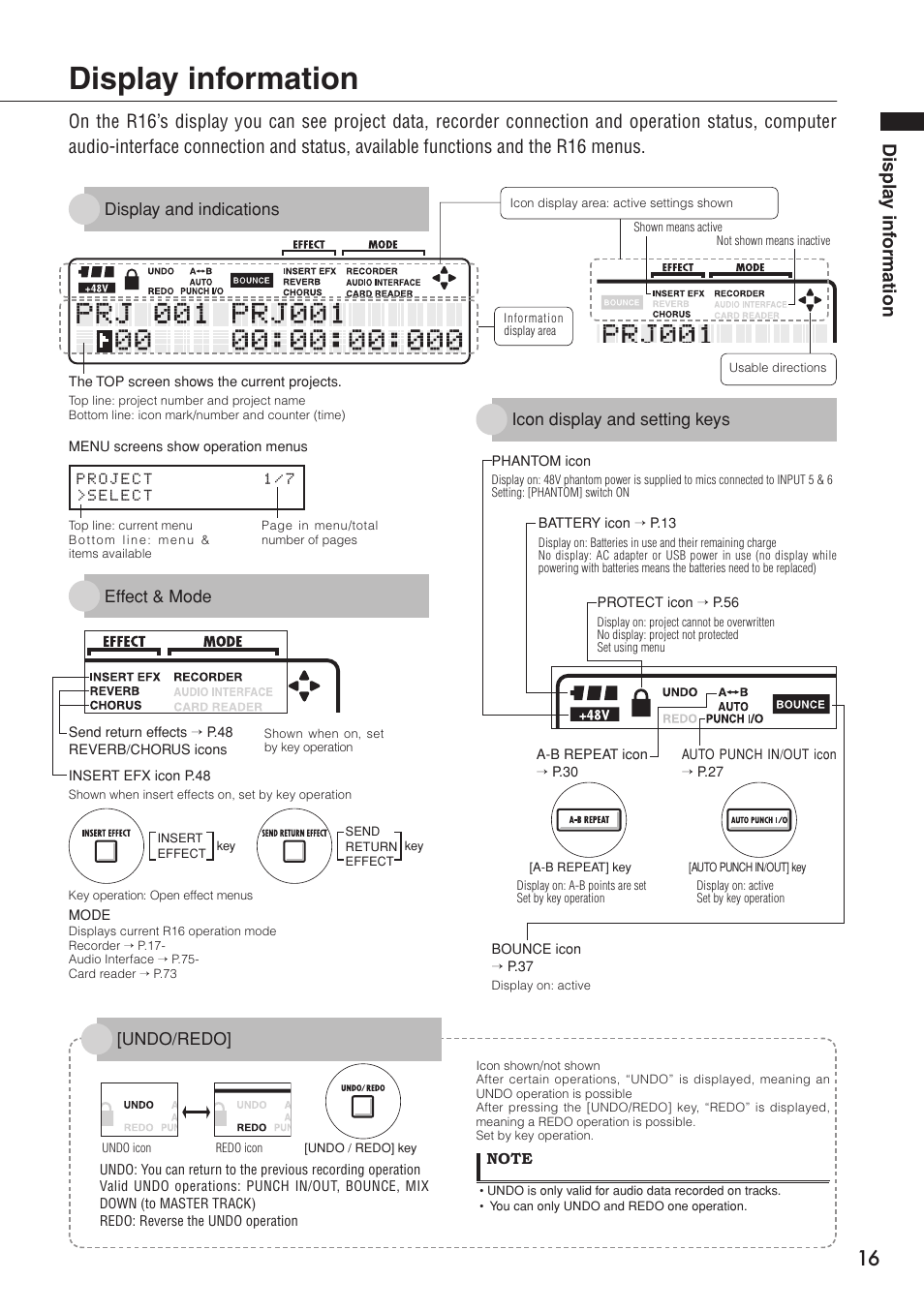 Display information, Displa y inf ormation, Effect & mode | Undo/redo | Zoom R16 User Manual | Page 17 / 100