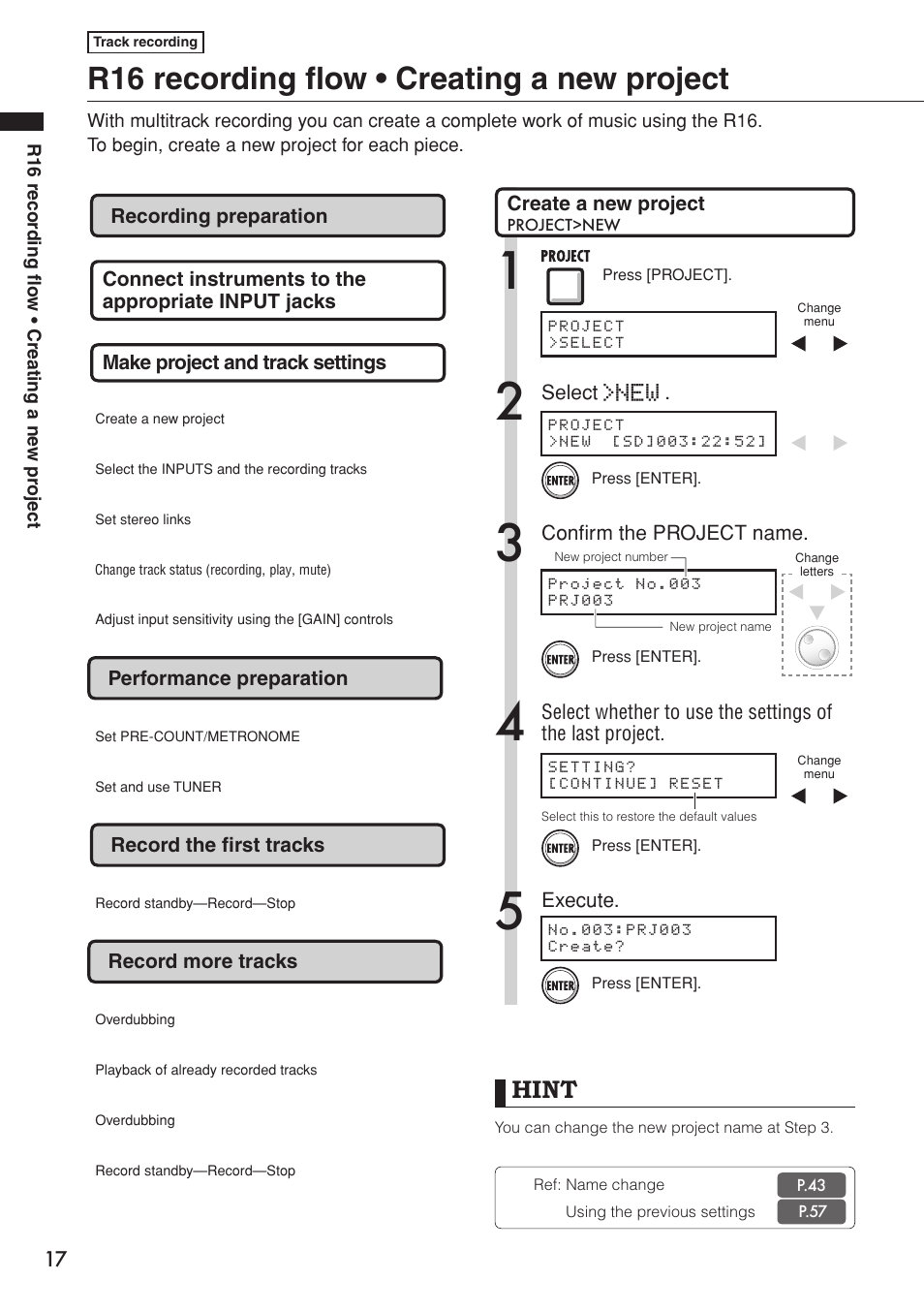 R16 recording flow • creating a new project, Hint | Zoom R16 User Manual | Page 18 / 100