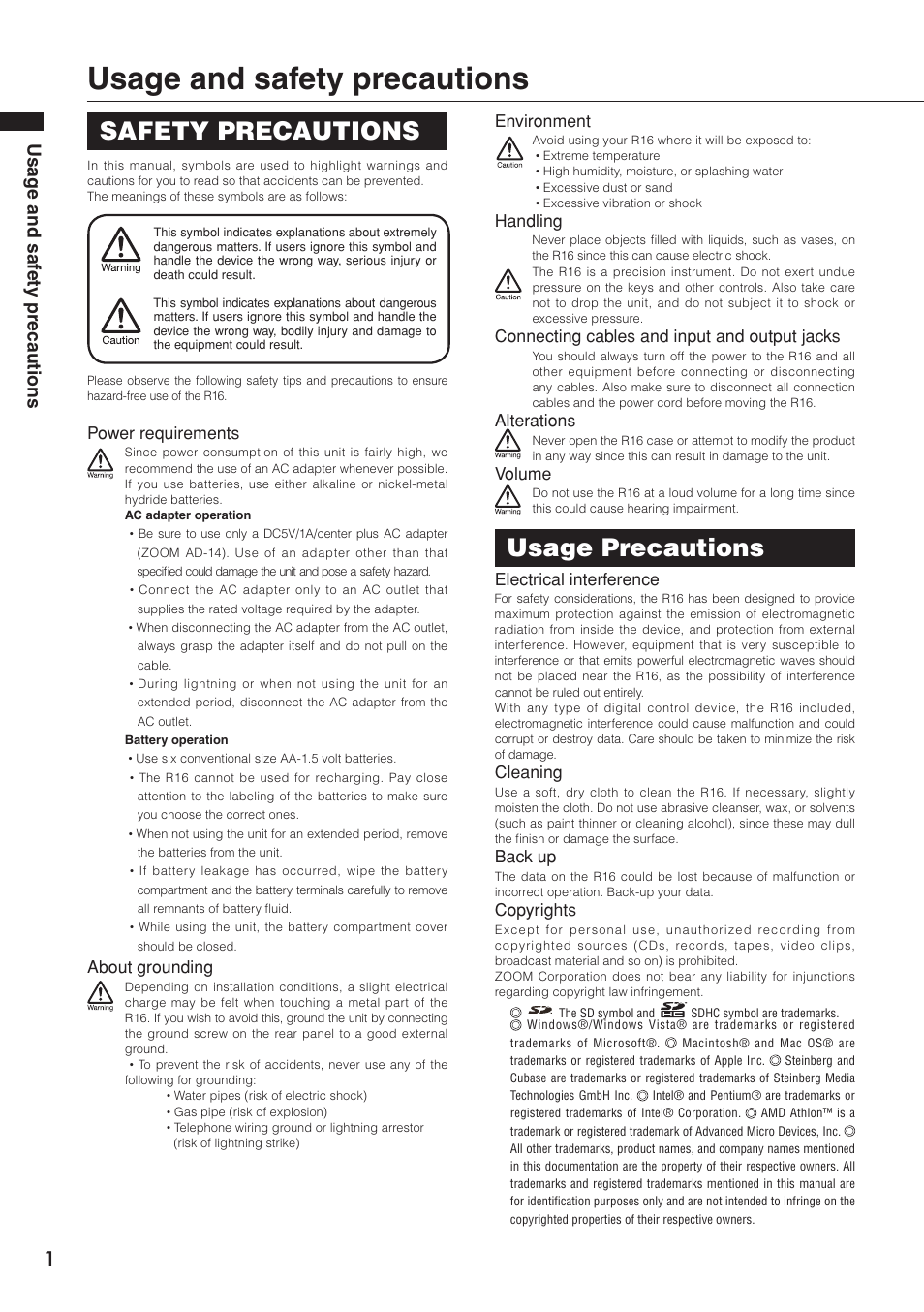 Usage and safety precautions, Safety precautions usage precautions, Usa g e and saf ety precautions | Zoom R16 User Manual | Page 2 / 100