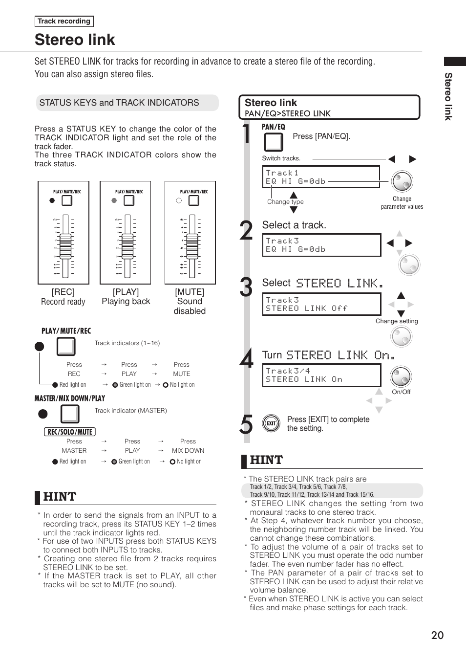 Stereo link, Hint, Stereo link on | Zoom R16 User Manual | Page 21 / 100