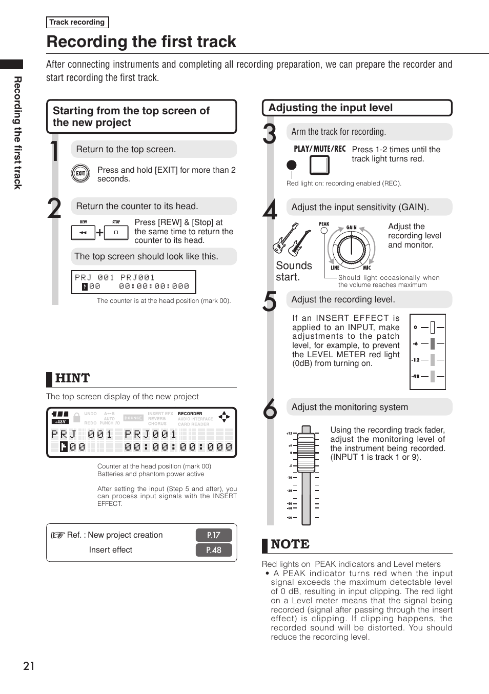 Recording the first track, Hint | Zoom R16 User Manual | Page 22 / 100