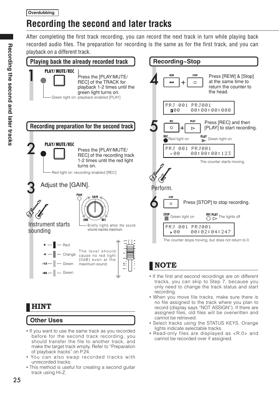 Recording the second and later tracks, Hint | Zoom R16 User Manual | Page 26 / 100