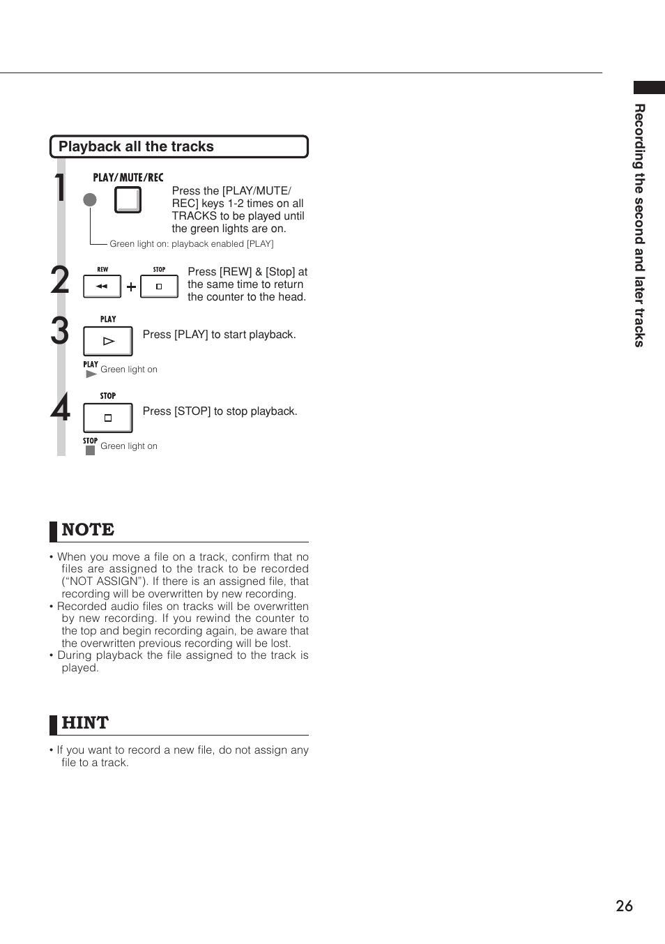 Recording the second and later tracks, Hint | Zoom R16 User Manual | Page 27 / 100