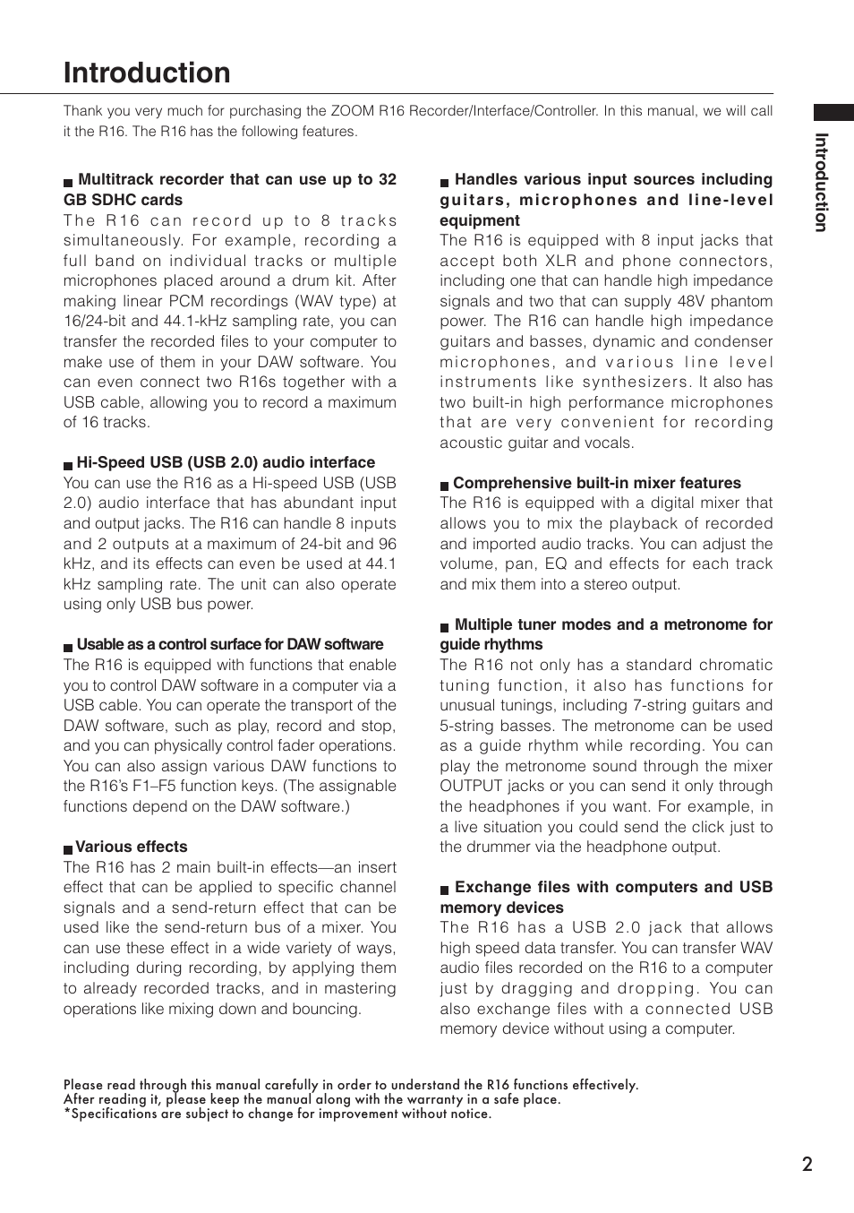 Introduction | Zoom R16 User Manual | Page 3 / 100