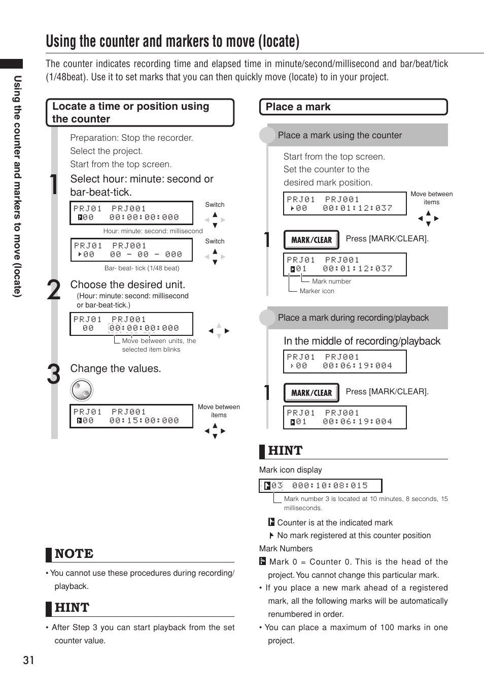 Using the counter and markers to move (locate), Hint | Zoom R16 User Manual | Page 32 / 100