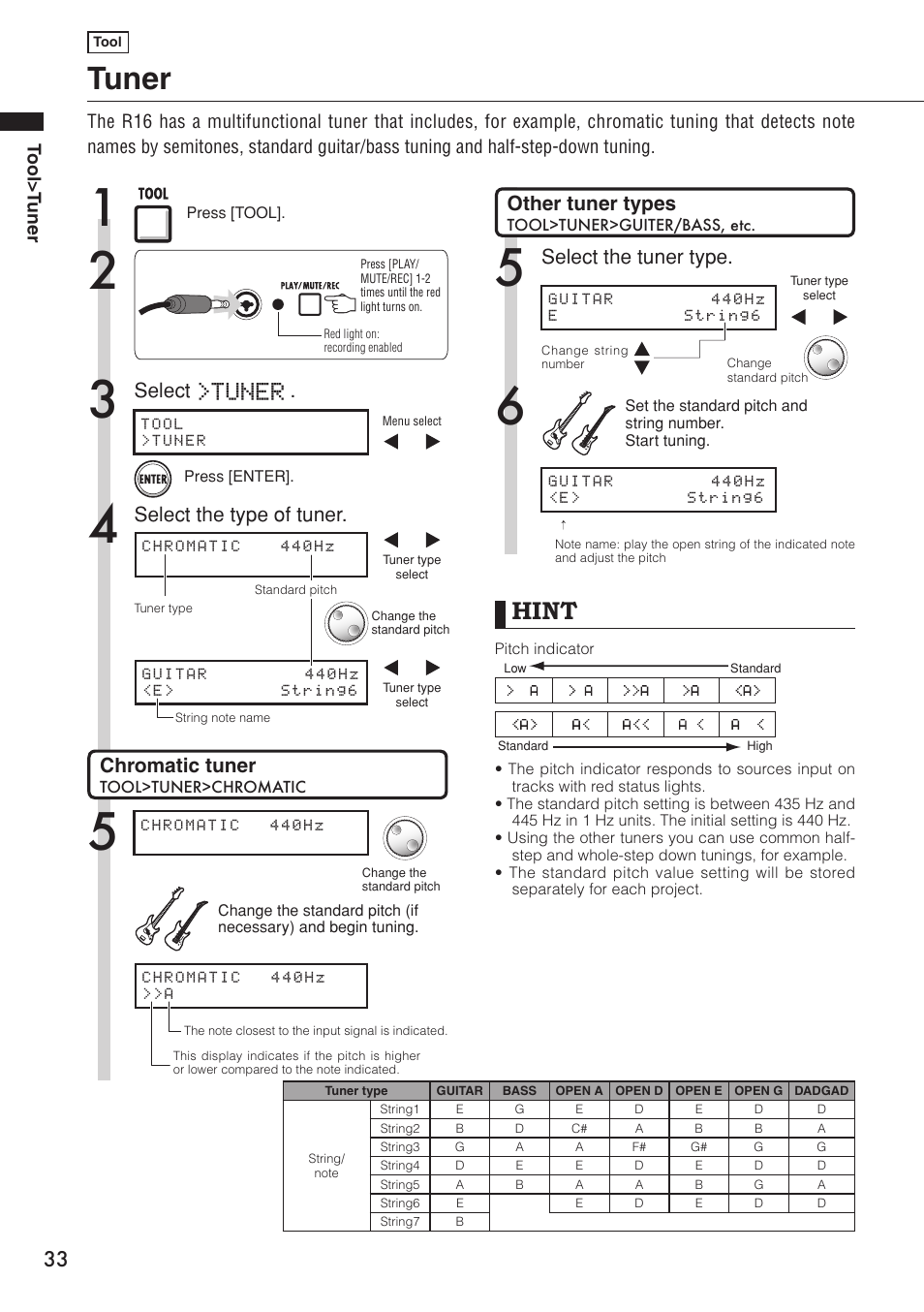 Tuner, Hint, Select the tuner type. other tuner types | Chromatic tuner, Select the type of tuner, Select | Zoom R16 User Manual | Page 34 / 100