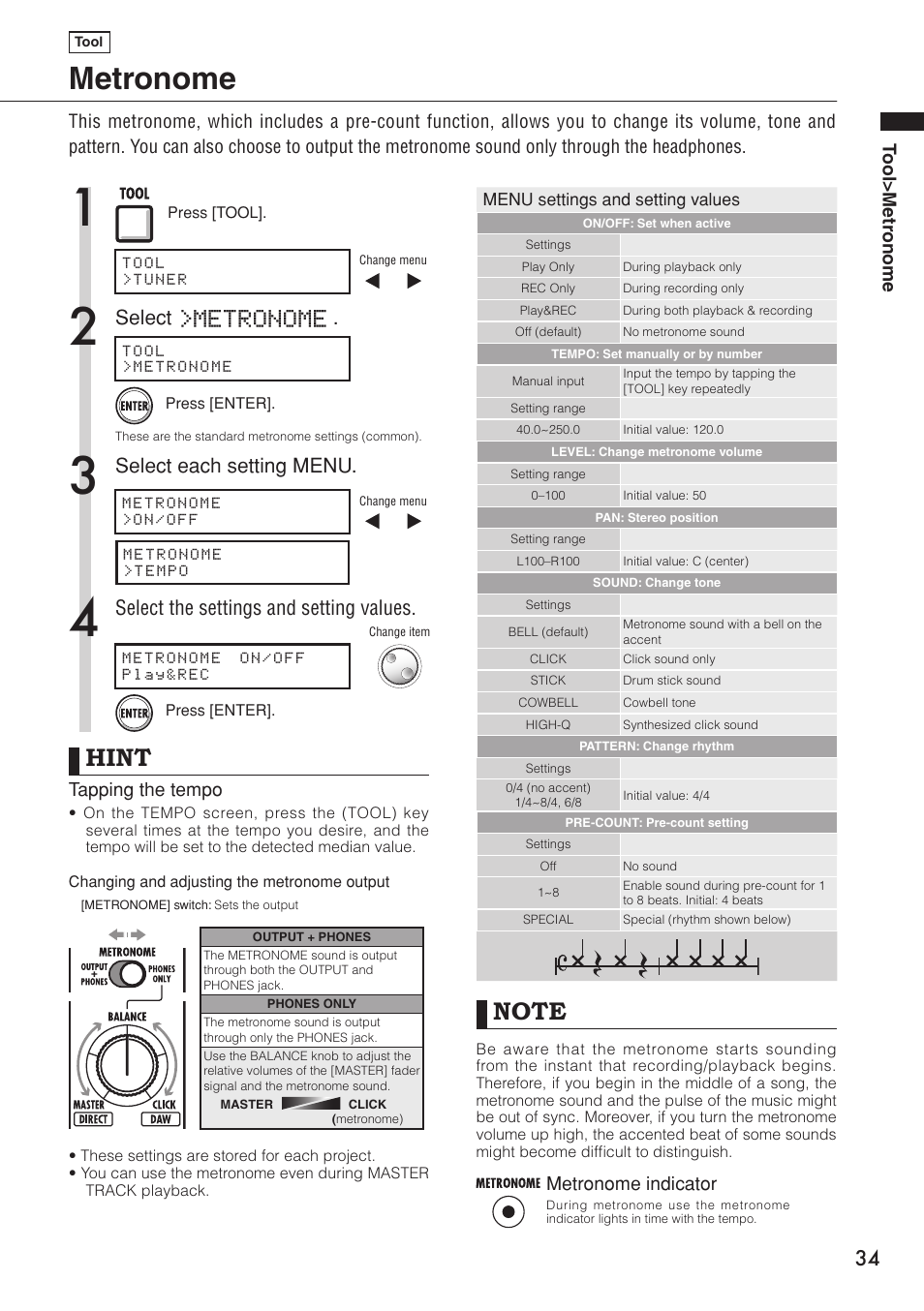 Metronome, Hint, Select the settings and setting values | Select each setting menu, Select, Tool>metr onome, Tapping the tempo, Metronome indicator | Zoom R16 User Manual | Page 35 / 100