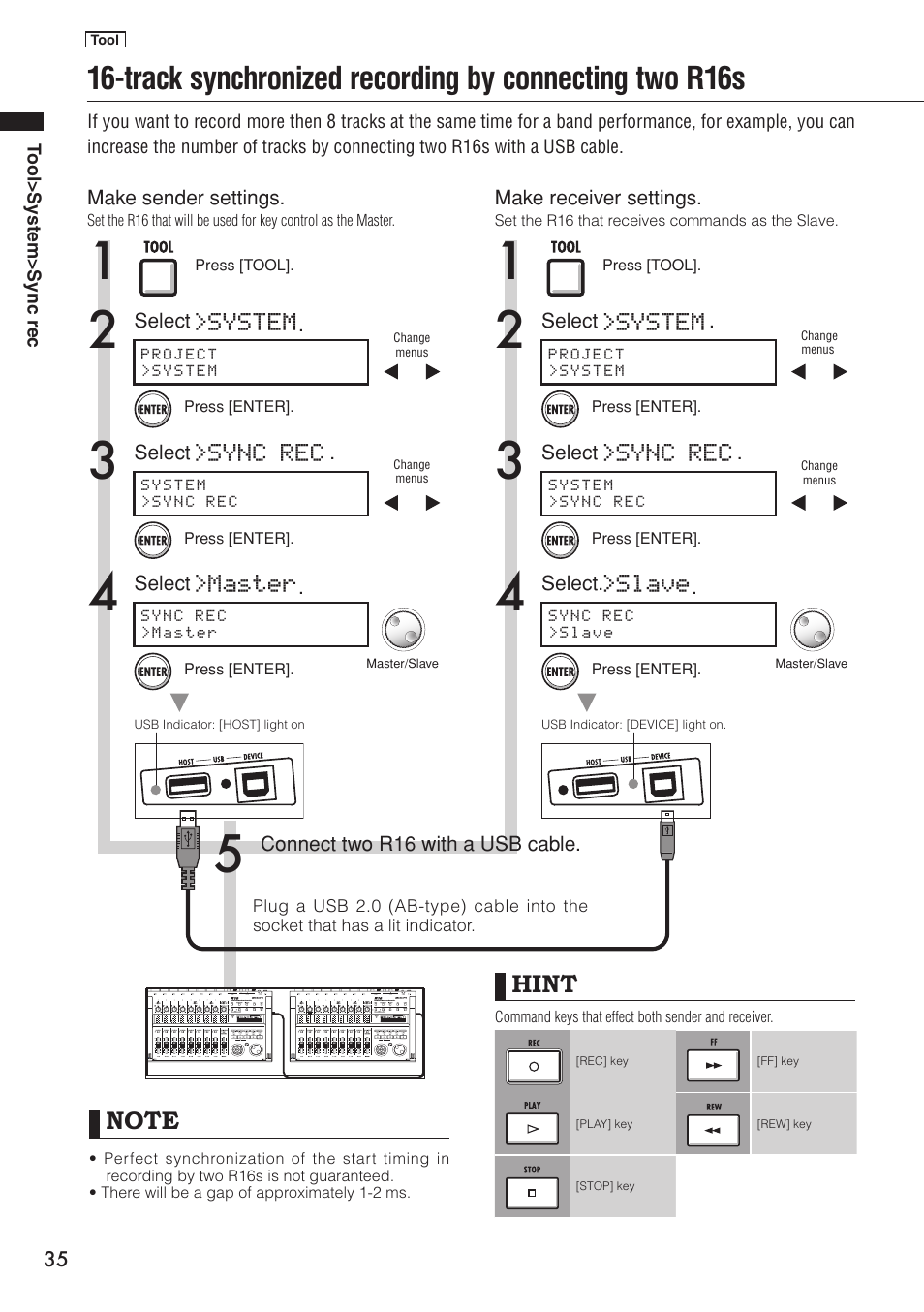 Hint, System, Sync rec >master | System >sync rec >slave | Zoom R16 User Manual | Page 36 / 100