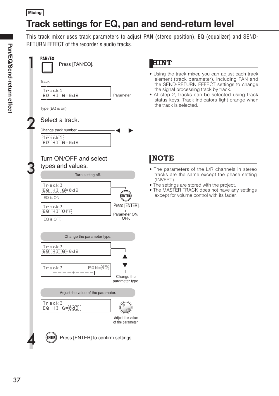 Track settings for eq, pan and send-return level, Hint | Zoom R16 User Manual | Page 38 / 100