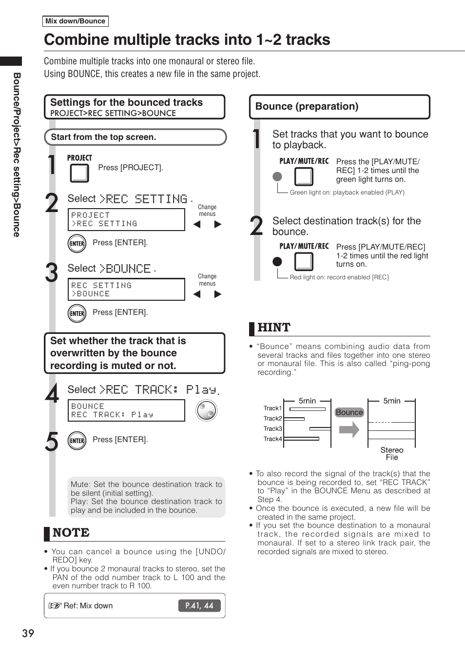 Combine multiple tracks into 1~2 tracks, Hint, Rec setting >bounce >rec track: play | Zoom R16 User Manual | Page 40 / 100