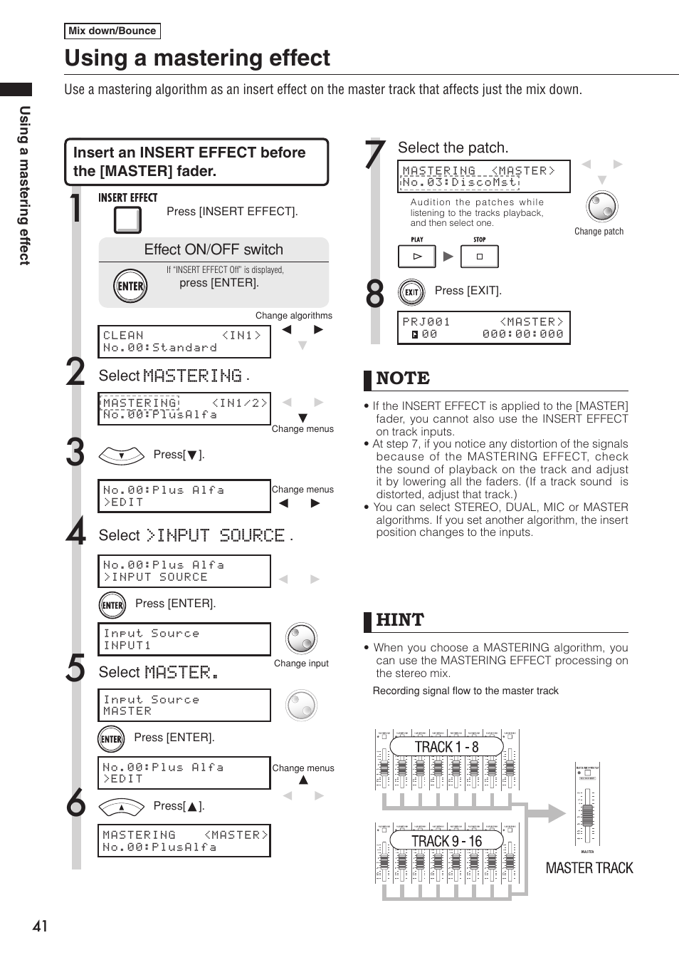 Using a mastering effect, Hint, Master. mastering >input source | Zoom R16 User Manual | Page 42 / 100