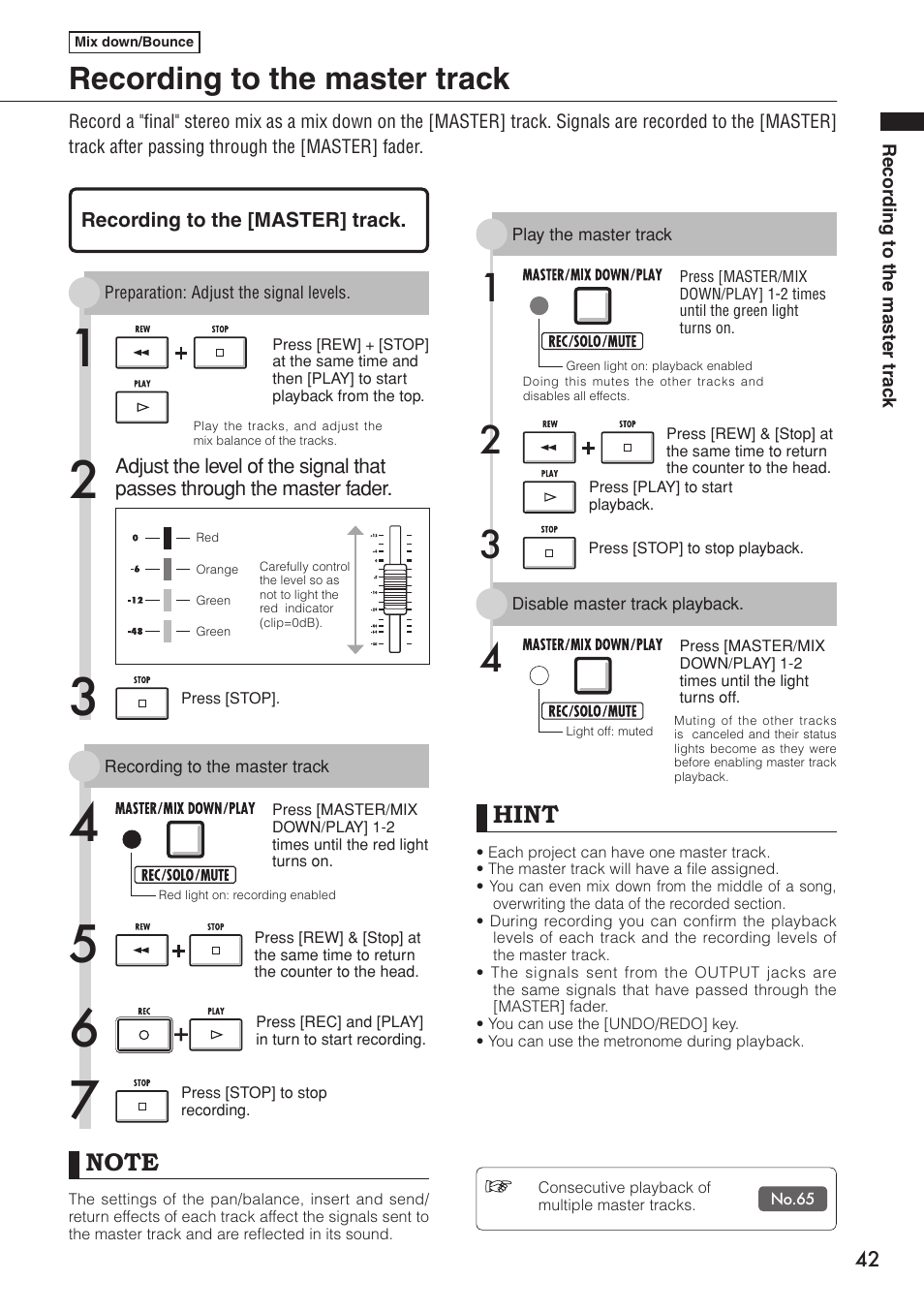 Recording to the master track, Hint | Zoom R16 User Manual | Page 43 / 100