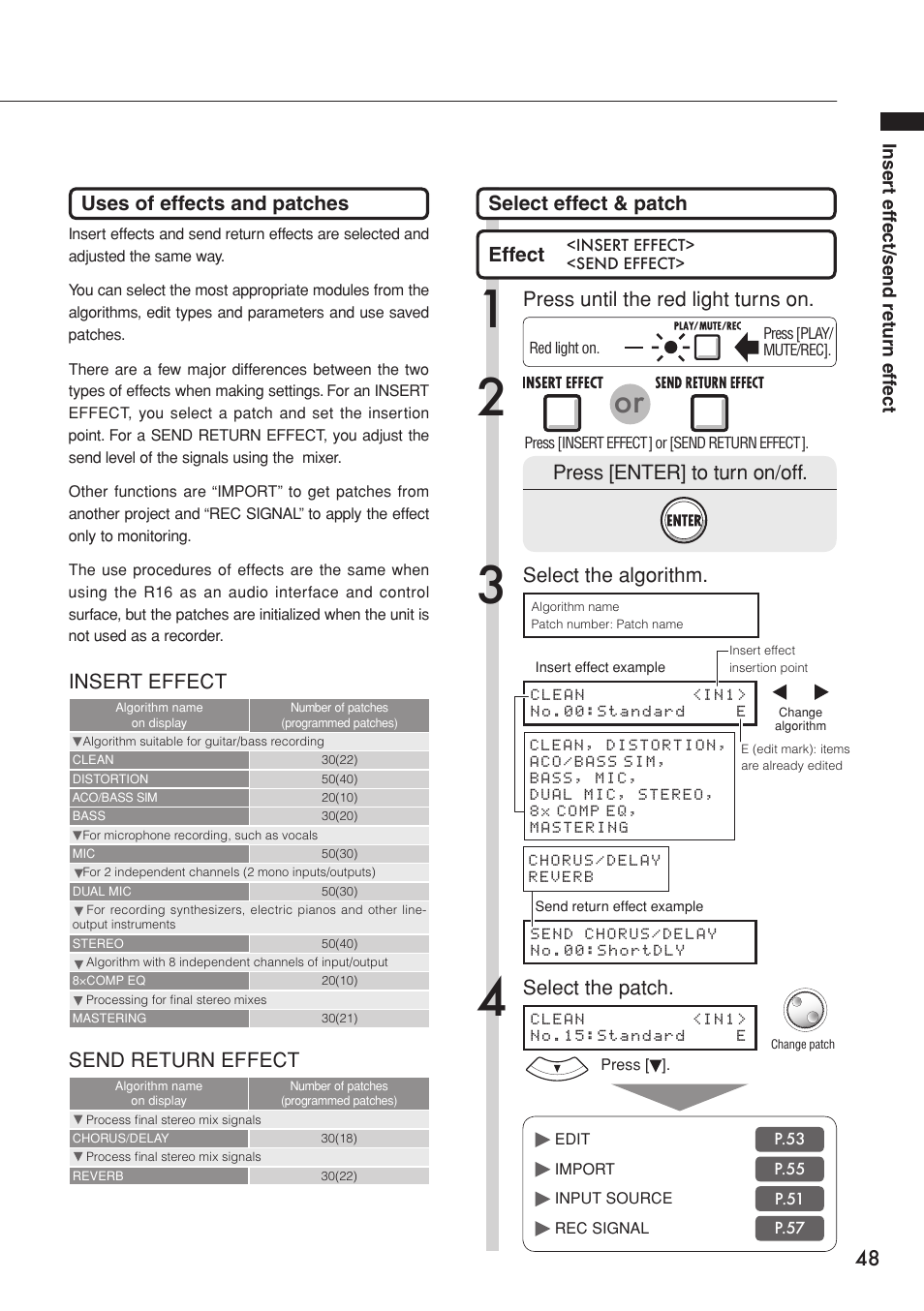 Uses of effects and patches select effect & patch, Press until the red light turns on, Insert effect | Send return effect, Effect, Select the algorithm, Press [enter] to turn on/off, Select the patch | Zoom R16 User Manual | Page 49 / 100