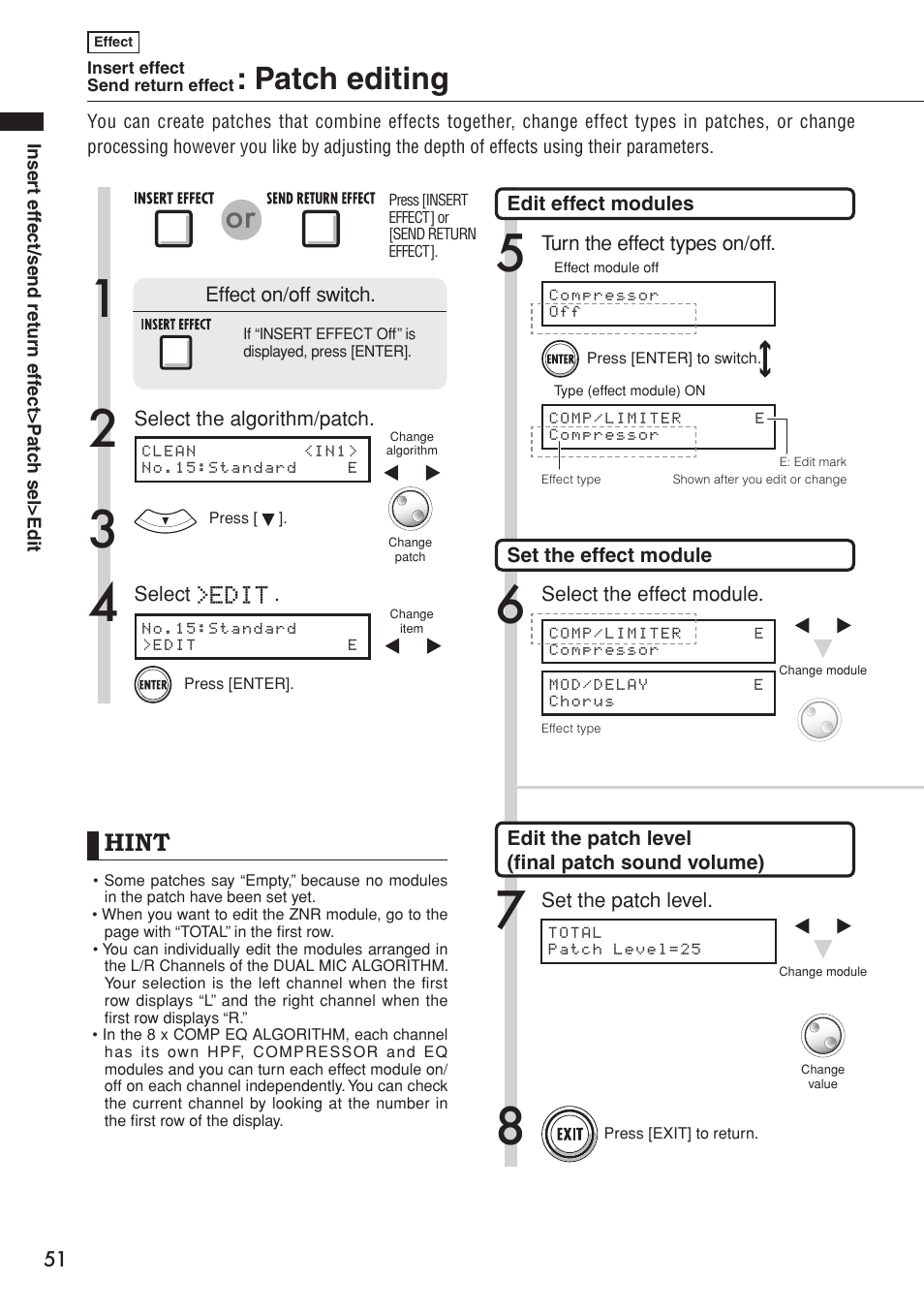 Patch editing, Hint, Edit | Zoom R16 User Manual | Page 52 / 100