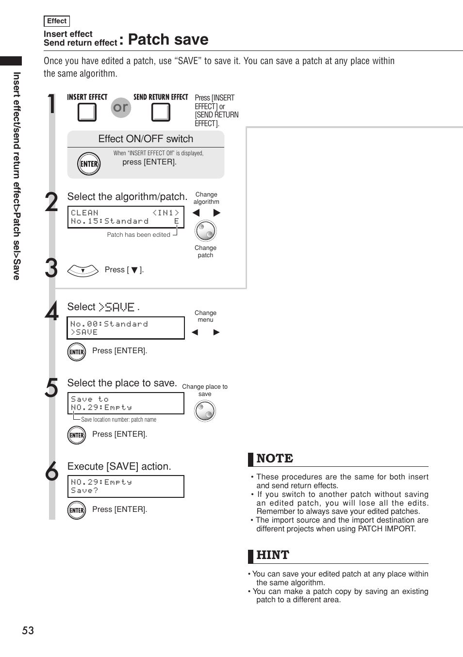 Patch save, Hint, Save | Zoom R16 User Manual | Page 54 / 100